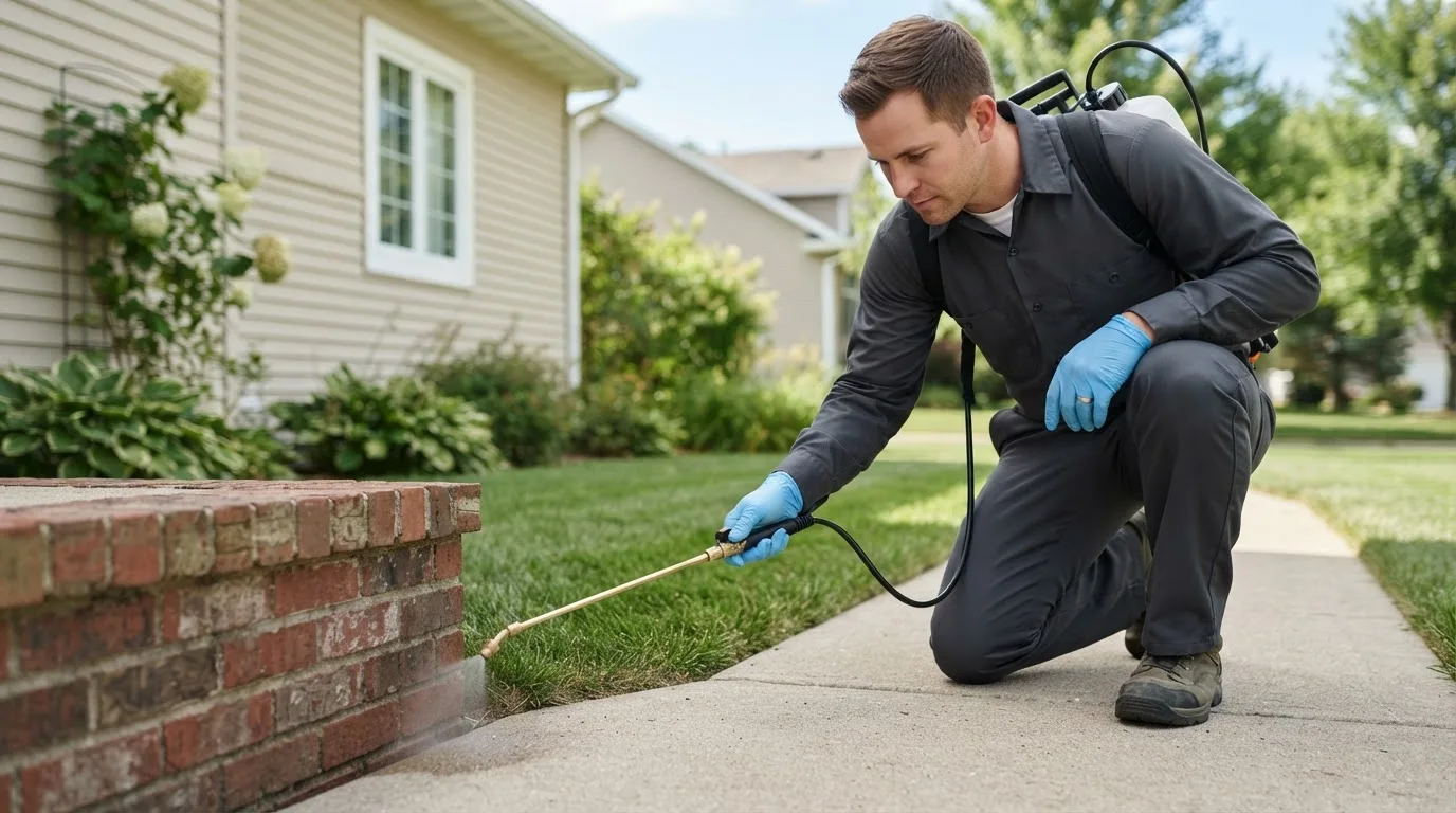 Pest control technician treating a home near Camanche, IA