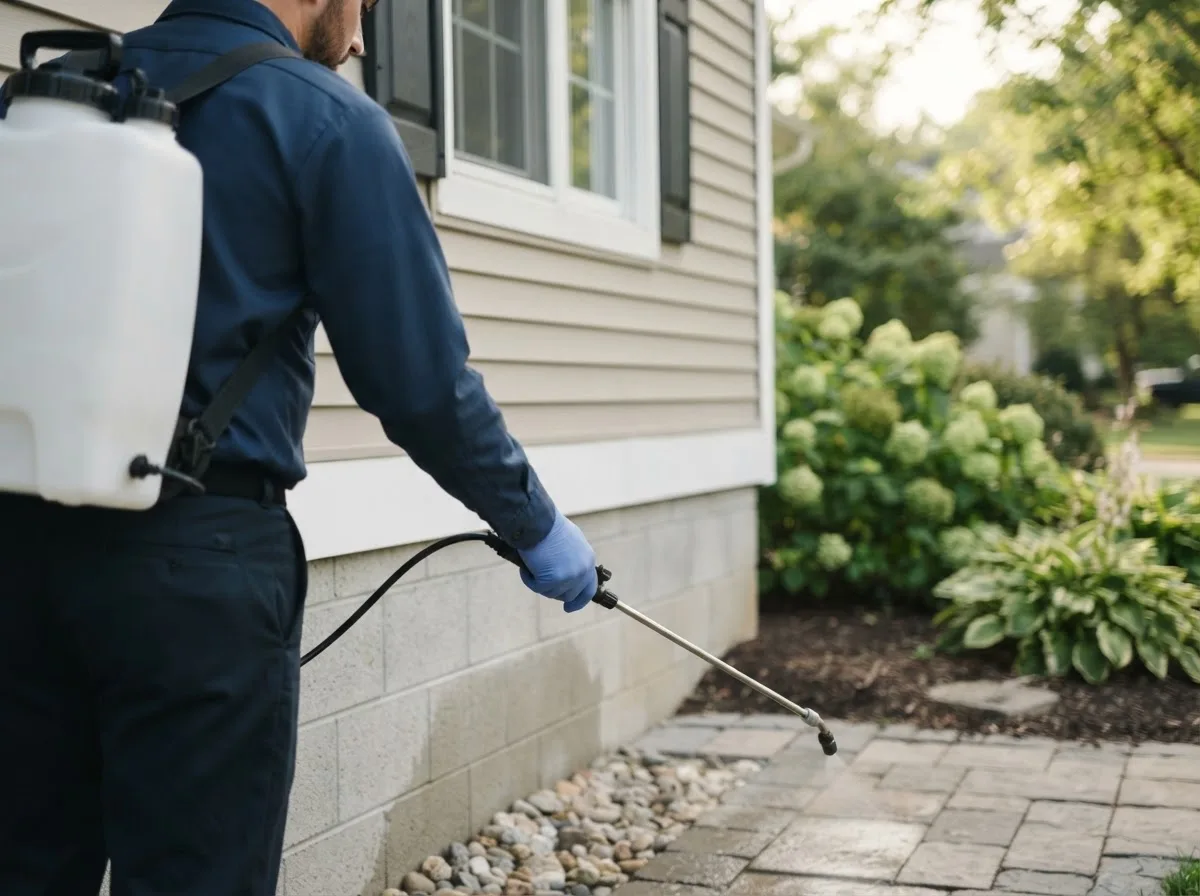 Pest control technician inspecting a home in Camanche, IA